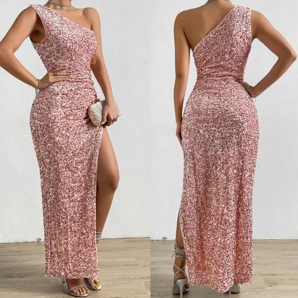 Luxe blue one shoulder slit thigh party formal evening sequins dress - Picture 6 of 16